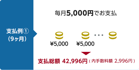 支払例1(9ヶ月) 毎月5,000円でお支払→支払総額 42,996円(内手数料額 2,996円)