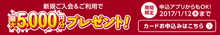 期間限定 新規ご入会&ご利用で最大5,000円分プレゼント 申込アプリからもOK! 1/12(木)まで カードお申込みはこちら