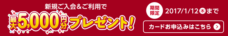 期間限定 新規ご入会&ご利用で最大5,000円分プレゼント 1/12(木)まで カードお申込みはこちら