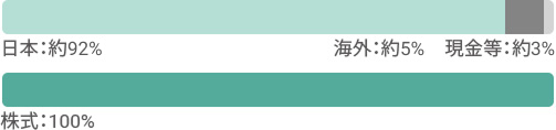 日本:約92%、海外:約5%、現金等:約3% 株式:100%
