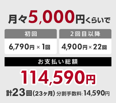 月々5,000円くらいでお支払い総額114,590円(初回6,790円×1回、2回目以降4,900円×22回 計23回(23ヶ月)、分割手数料:14,590円)
