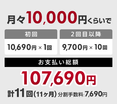 月々10,000円くらいでお支払い総額107,690円(初回10,690円×1回、2回目以降9,700円×10回 計11回(11ヶ月)、分割手数料:7,690円)