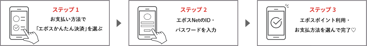 ステップ1 お支払い方法で「エポスかんたん決済」を選ぶ。 ステップ2 エポスNetのID・パスワードを入力。 ステップ3 エポスポイントを利用・お支払い方法を選んで完了♡